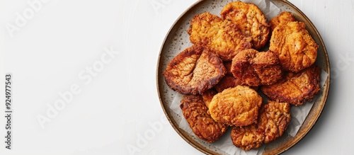 Top down view of fried pork and beef cutlets served on a rustic plate against a blank white backdrop creating an ideal copy space image