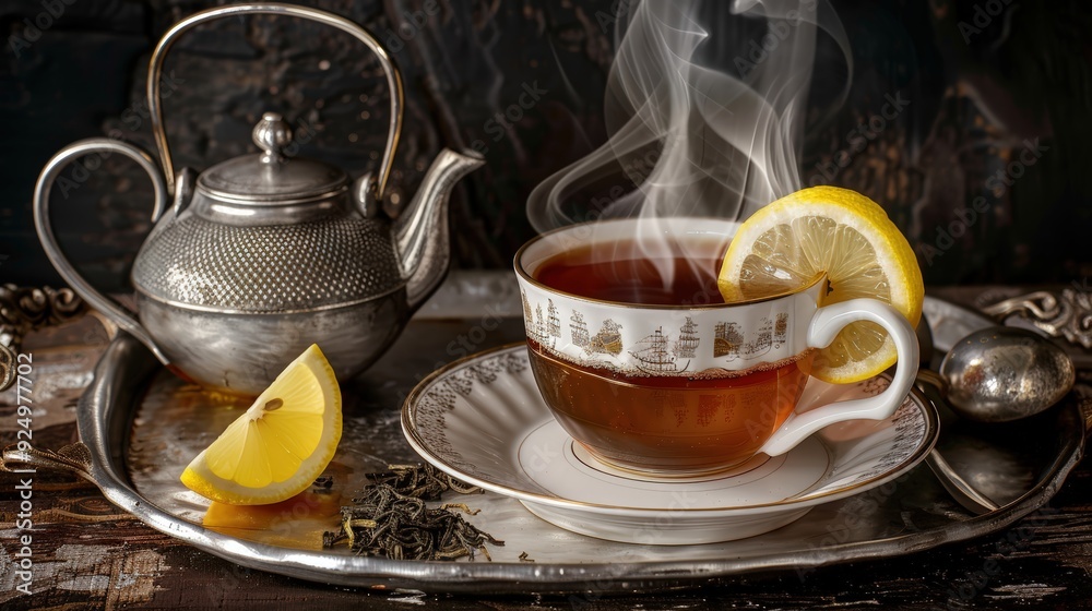 Steaming Cup of Tea with Lemon Slice and Silver Teapot on Tray Steaming Cup of Tea with Lemon Slice and Silver Teapot on Tray