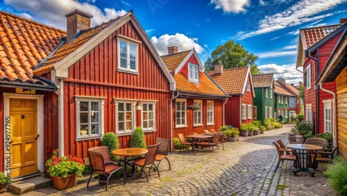 Charming traditional Swedish red wooden houses with clay tile roofs line the streets of Kalmar, featuring cozy outdoor seating areas, perfect for relaxation.