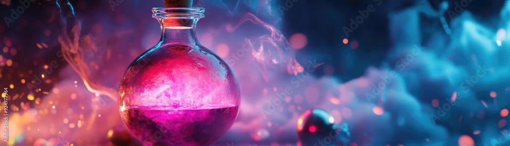 A vibrant potion in a glass bottle, surrounded by colorful smoke and sparkling effects, perfect for fantasy and magic themes. A vibrant potion in a glass bottle, surrounded by colorful smoke and sparkling effects, perfect for fantasy and magic themes.