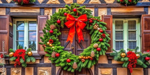 Vibrant Christmas wreath adorned with evergreen branches, pinecones, and red ribbons decorates the charming exterior of a traditional Alsatian half-timbered house in Obernai, Alsace, France.