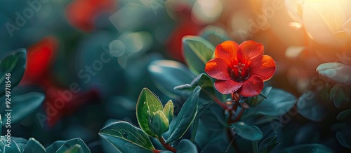 Blooming red purslane flower with green leaves background shining in morning sunlight in a close up copy space image photo