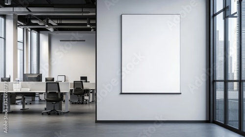Modern Office Space with Blank Poster for Presentation or Advertisement - This image depicts a modern office setting with a large blank poster on the wall, suggesting a space for displaying presentati