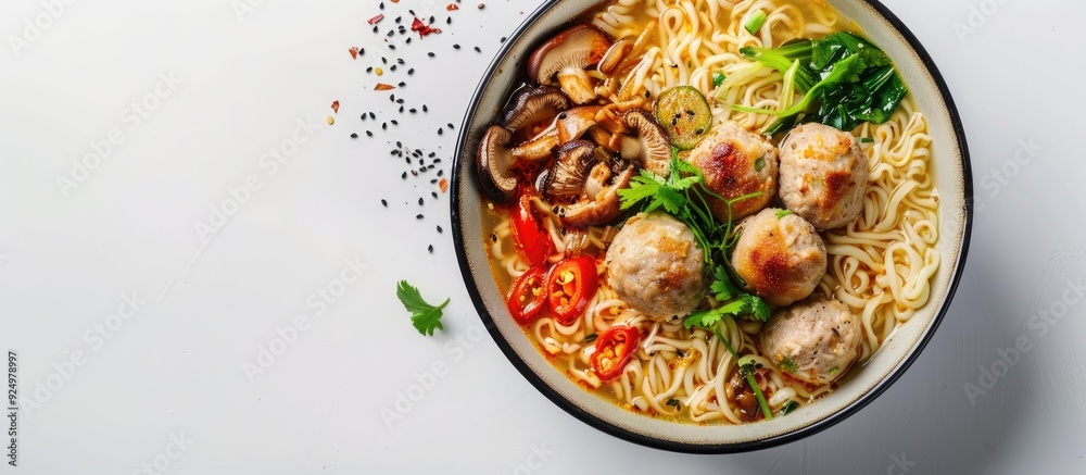 Misoa ayam bakso a traditional Indonesian Chinese dish consisting of small rice and egg noodles with chicken mushrooms and meatballs in a bowl viewed from the top isolated on a white background with Misoa ayam bakso a traditional Indonesian Chinese dish consisting of small rice and egg noodles with chicken mushrooms and meatballs in a bowl viewed from the top isolated on a white background with