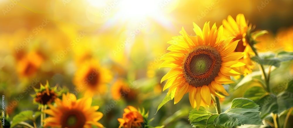 Fototapeta premium Vibrant sunflowers gleam in the expansive field creating a picturesque copy space image