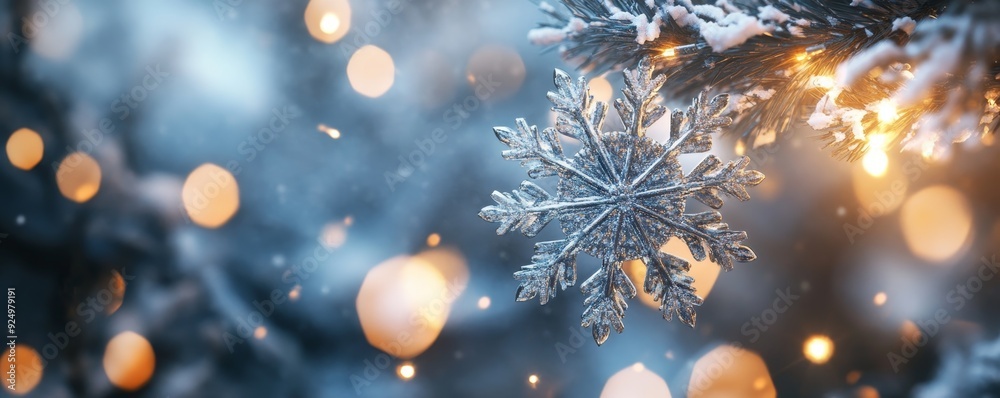 A close-up of a snowflake on a branch with bokeh lights. A close-up of a snowflake on a branch with bokeh lights.
