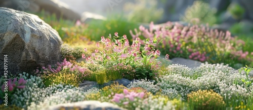 Wildflowers like Goldmoss stonecrop and Basil thyme create a picturesque scene in a meadow with a beautiful copy space image photo