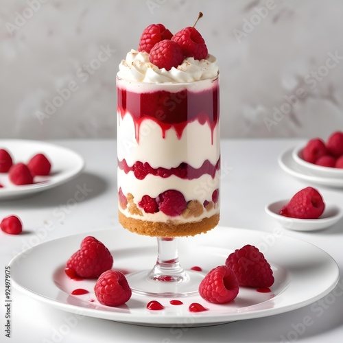 Layers of vanilla custard cream, cake and raspberry coulis in a tall glass