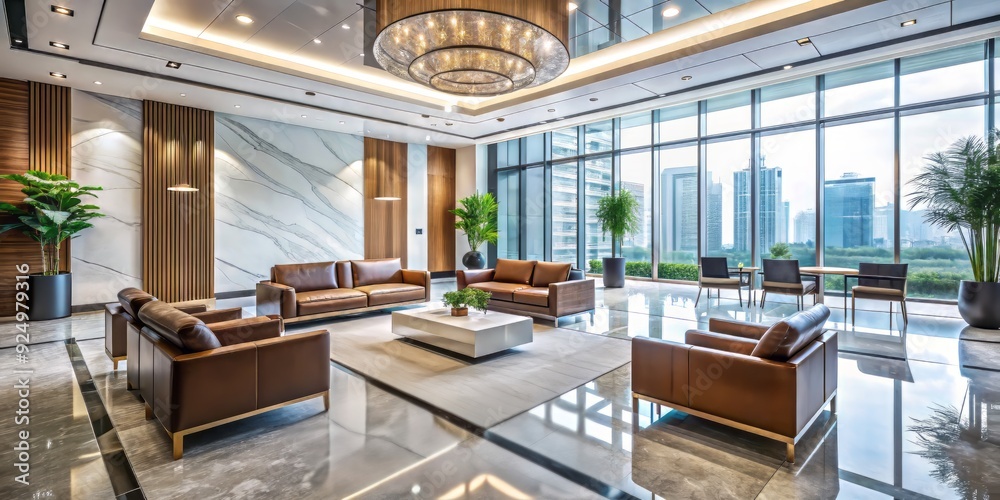 Modern office lobby with sleek furniture, marble flooring, and floor-to-ceiling windows, providing a sophisticated and professional atmosphere for waiting clients and visitors.