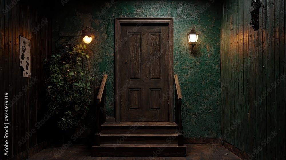 Fototapeta premium A dark room with a wooden door and a plant in front of it. The door is closed and the room is dimly lit
