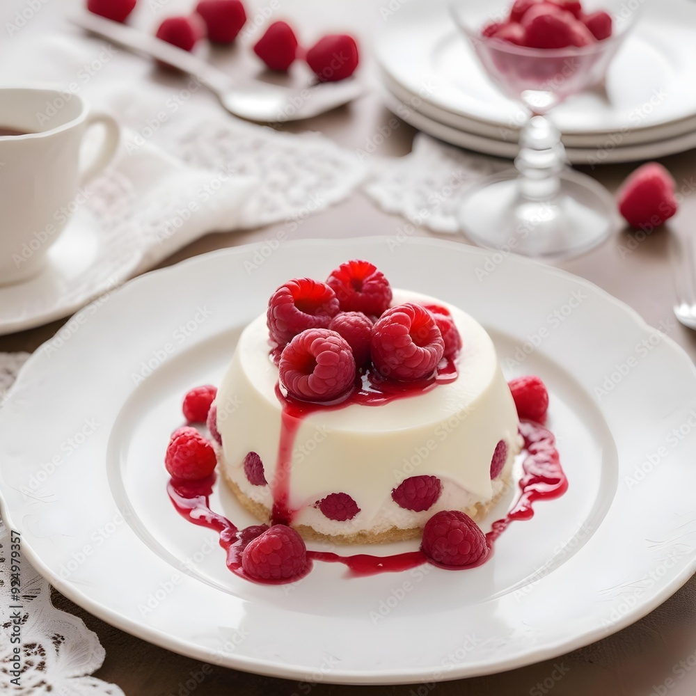 A delicious raspberry , cake and cream dessert showcased on a white plate A delicious raspberry , cake and cream dessert showcased on a white plate