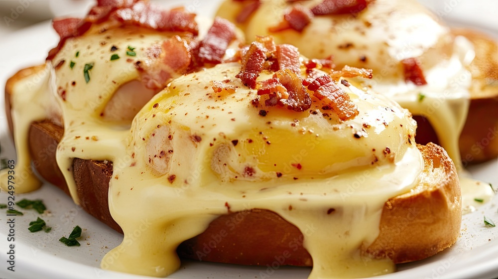 Eggs benedict served with crispy bacon on sourdough bread, covered in creamy hollandaise sauce, making for a decadent and satisfying breakfast dish Eggs benedict served with crispy bacon on sourdough bread, covered in creamy hollandaise sauce, making for a decadent and satisfying breakfast dish