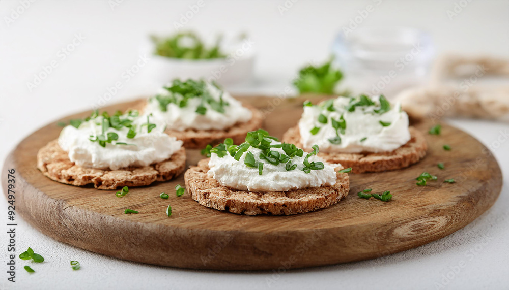 Crispbread with cream cheese and herbs on wooden board, light background. Tasty and healthy snack Crispbread with cream cheese and herbs on wooden board, light background. Tasty and healthy snack