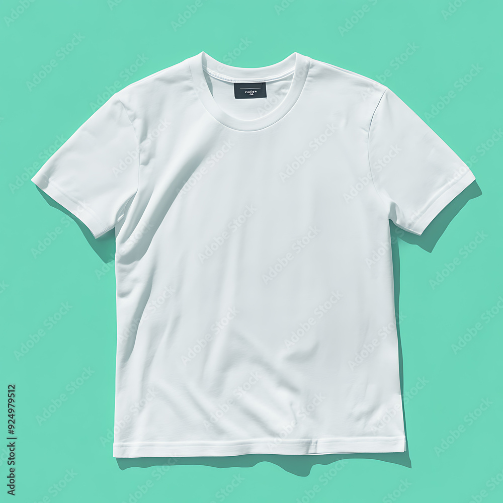 An isolated white T shirt with soft mint background. An isolated white T shirt with soft mint background.