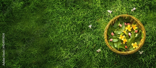 A wicker yellow basket containing pions showcasing buds and petals on a green lawn photographed from above in a horizontal orientation with copy space image photo