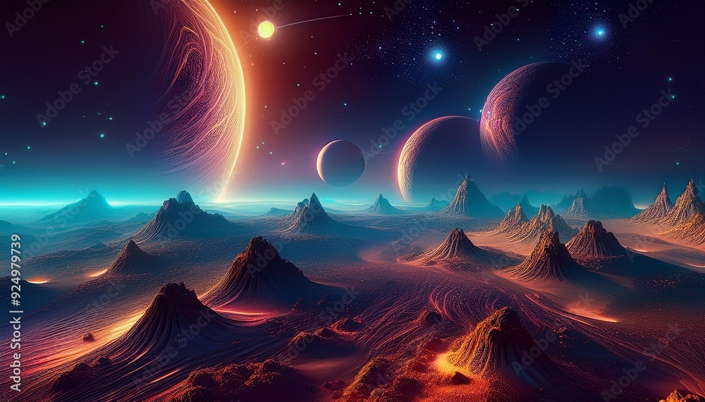 Transform your designs with a 3D alien planet scene, featuring starry skies, valleys, and peaks. Transform your designs with a 3D alien planet scene, featuring starry skies, valleys, and peaks.