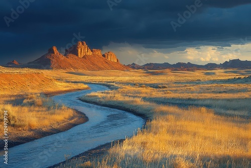 a winding river carves through an arid rocky terrain under a stormy sky dramatic lighting casts long shadows across the barren landscape emphasizing its desolate beauty