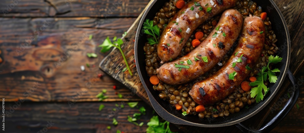 A rustic top view image with copy space of a fresh second course meal featuring sausages and lentils on a table A rustic top view image with copy space of a fresh second course meal featuring sausages and lentils on a table
