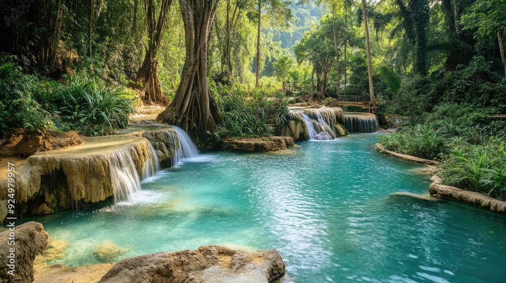Naklejka premium Emerald Oasis: The beautiful Kuang Si Waterfall with its turquoise pools and surrounding lush vegetation in Luang Prabang, Laos. A true emerald oasis.