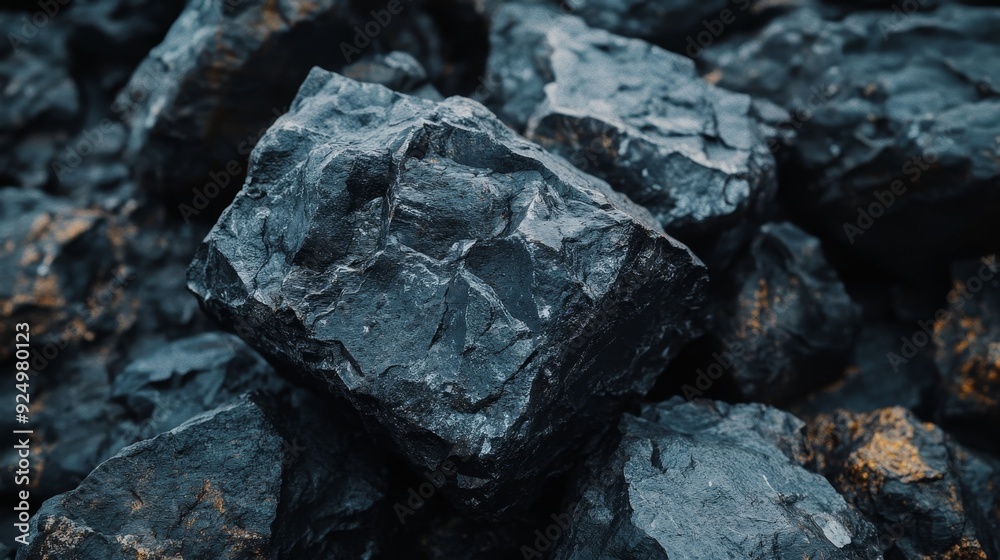 Close-up of a pile of dark, rough, black coal. The texture of the coal is visible.
