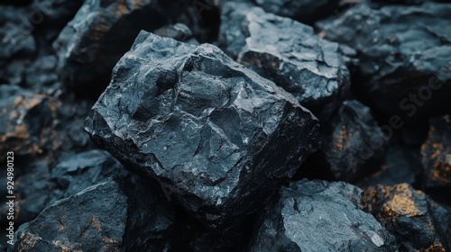 Close-up of a pile of dark, rough, black coal. The texture of the coal is visible.