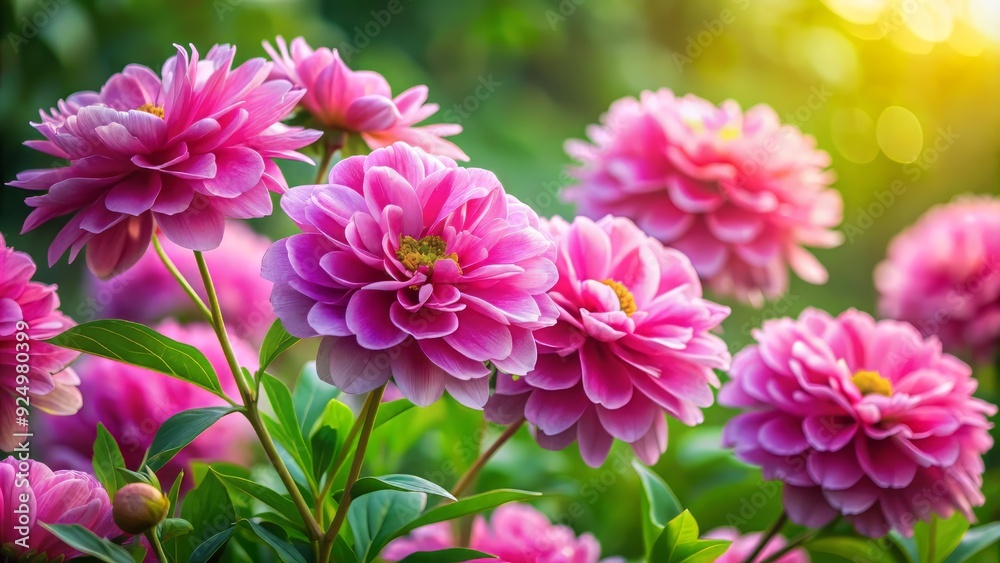 Vibrant pink flowers with delicate petals and lush green leaves flourishing against a soft, blurred background, exuding serenity and elegance in a natural setting.