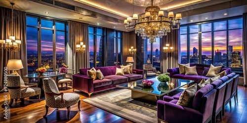 Wallpaper Mural luxurious metropolitan density penthouse view opulent interior design lavish furnishings rich jewel tones high contrast dramatic evening lighting Torontodigital.ca