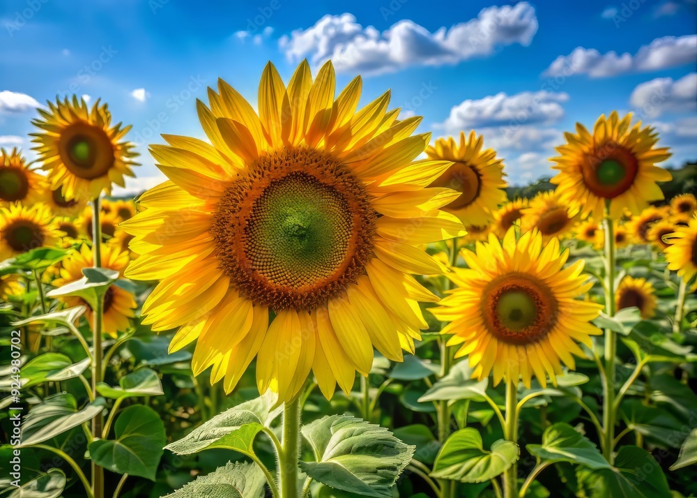 Vibrant yellow sunflowers, with bright green leaves and tall stems, sway gently in the warm summer breeze, showcasing their beauty and utility in seed and oil production. Vibrant yellow sunflowers, with bright green leaves and tall stems, sway gently in the warm summer breeze, showcasing their beauty and utility in seed and oil production.