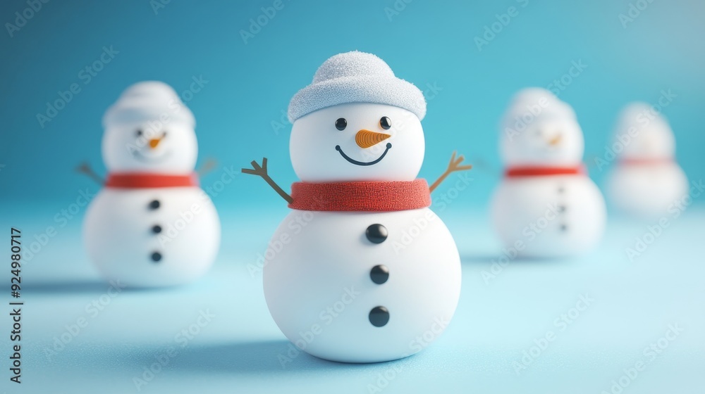 Three snowmen stand on a blue background. One is in focus and wears a red scarf. Three snowmen stand on a blue background. One is in focus and wears a red scarf.