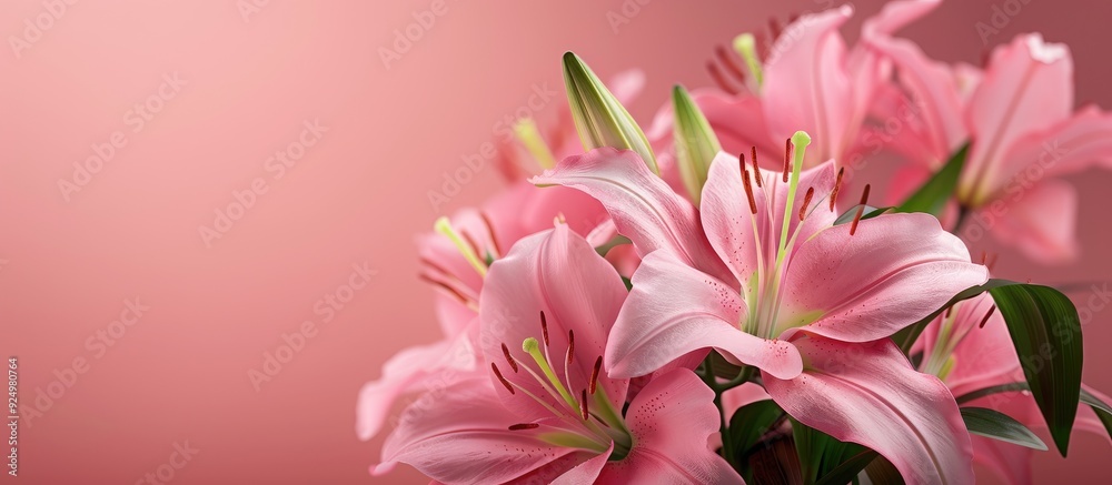 Fototapeta premium A stunning pink lily arrangement against a vibrant pink backdrop emanating elegance and beauty Ideal as a template with ample copy space for customization