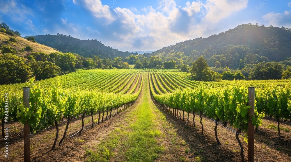 Picturesque Vineyard Rows Under a Sunny Sky - A picturesque vineyard with rows of grapevines stretching towards the horizon under a bright blue sky. The lush greenery symbolizes growth, prosperity, an Picturesque Vineyard Rows Under a Sunny Sky - A picturesque vineyard with rows of grapevines stretching towards the horizon under a bright blue sky. The lush greenery symbolizes growth, prosperity, an