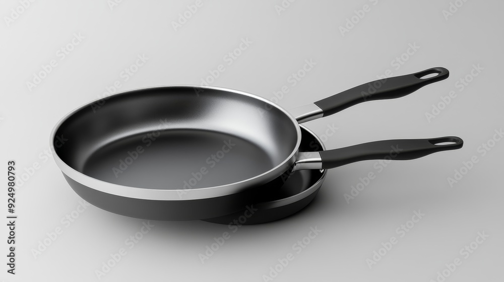 Two black non-stick frying pans with black handles, one stacked on top of the other. Two black non-stick frying pans with black handles, one stacked on top of the other.