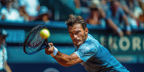 A Caucasian man plays tennis, a professional tennis player hits the ball with a racket at an international tennis tournament. photo