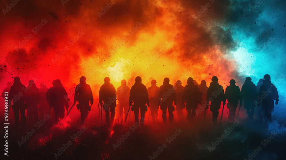 A silhouette of a group of soldiers walking through a battlefield, enveloped by intense, contrasting red and blue smoke. A powerful image symbolizing conflict, unity, and bravery. A silhouette of a group of soldiers walking through a battlefield, enveloped by intense, contrasting red and blue smoke. A powerful image symbolizing conflict, unity, and bravery.