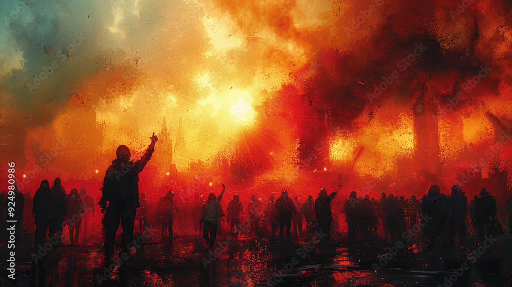 Fototapeta premium Angry protesters, a people shouts and chants slogans. Red details, burning torches, lights. A mob protesting against its government.