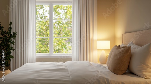 A bed with a white comforter and a brown pillow. The room is bright and airy  with a large window letting in natural light. The curtains are white  which adds to the bright