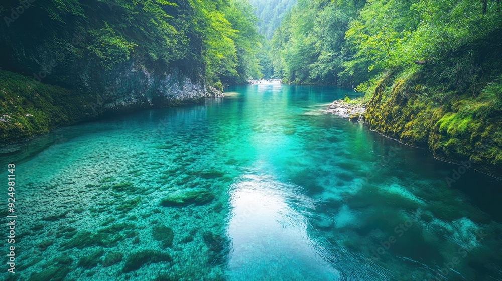 Flow of Radovna River: Captivating shot of the Radovna River meandering through Vintgar Gorge, with its clear, turquoise waters reflecting the surrounding nature. Flow of Radovna River: Captivating shot of the Radovna River meandering through Vintgar Gorge, with its clear, turquoise waters reflecting the surrounding nature.