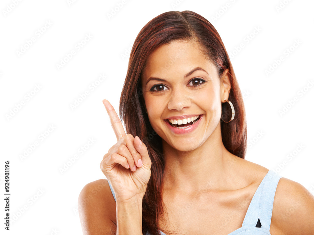 Pointing, happy and portrait of woman in studio with mockup space for choice, option or decision. Smile, announcement and female person with direction hand gesture for vote by white background. Pointing, happy and portrait of woman in studio with mockup space for choice, option or decision. Smile, announcement and female person with direction hand gesture for vote by white background.