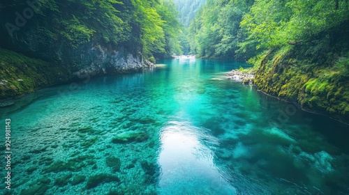 Flow of Radovna River: Captivating shot of the Radovna River meandering through Vintgar Gorge, with its clear, turquoise waters reflecting the surrounding nature.