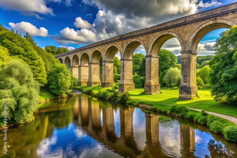 Fototapeta premium Historic 19th-century railway viaduct with eleven arches crosses the serene River Derwent at Stamford Bridge in picturesque North Yorkshire, England, surrounded by lush greenery.