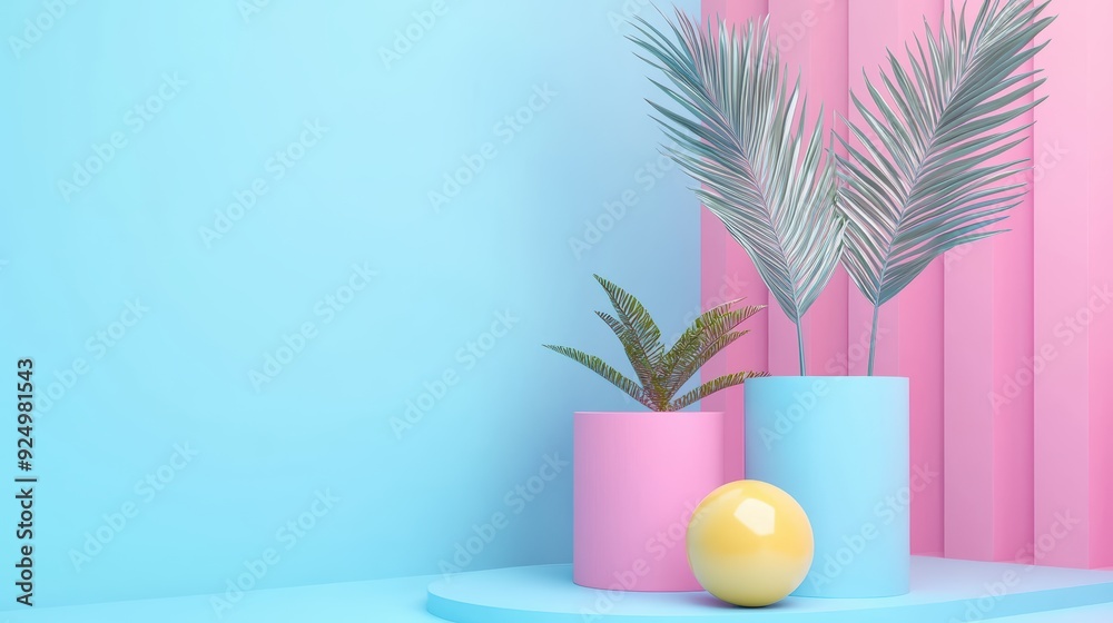 A vibrant and modern display featuring pastel colored pots with tropical plants and a yellow ball, evoking a cheerful and fresh atmosphere. A vibrant and modern display featuring pastel colored pots with tropical plants and a yellow ball, evoking a cheerful and fresh atmosphere.