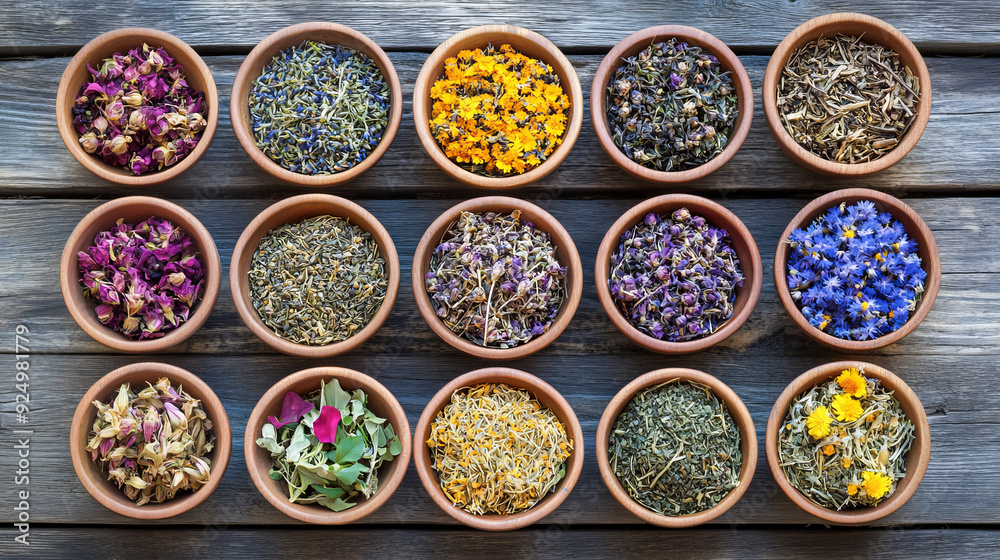 A collection of organic essential oils, herbal extracts, and medicinal flower herbs stored in glass bottles. These natural ingredients are used in alternative therapy, aromatherapy, and for cosmetic a A collection of organic essential oils, herbal extracts, and medicinal flower herbs stored in glass bottles. These natural ingredients are used in alternative therapy, aromatherapy, and for cosmetic a