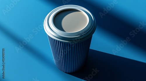 A top view, 3D stereo, popmart style, OC rendering, commercial photography blockbuster, Rembrandt light and shadow, and minute details of a blue paper cup used for takeout coffee photo