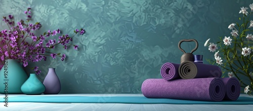 Yoga paraphernalia on a fitness themed copy space image