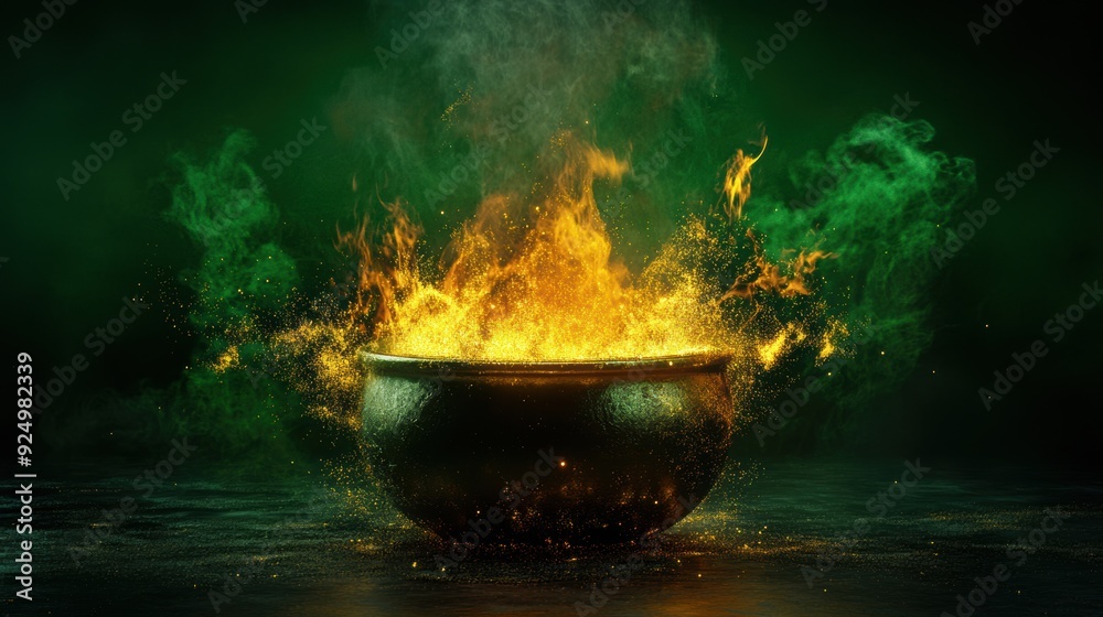 3D graphic of a cauldron with magical sparks, airy and tidy, green background, distinct colors, divided layers 3D graphic of a cauldron with magical sparks, airy and tidy, green background, distinct colors, divided layers
