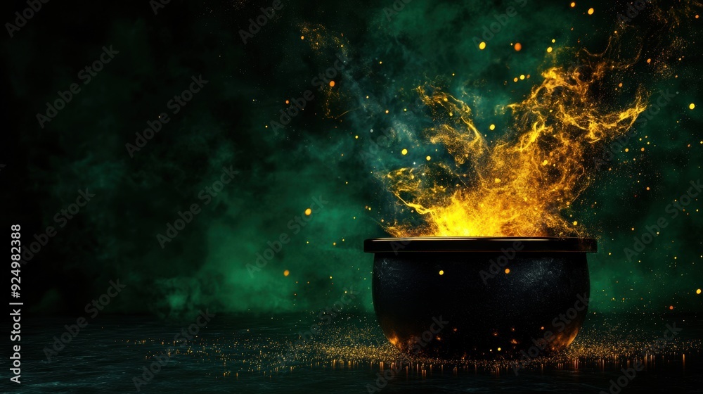 3D graphic of a cauldron with magical sparks, airy and tidy, green background, distinct colors, divided layers 3D graphic of a cauldron with magical sparks, airy and tidy, green background, distinct colors, divided layers