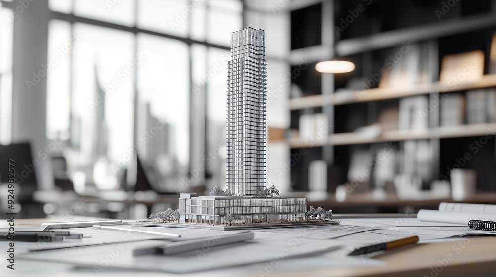 Skyscraper model on architectural blueprints in office Skyscraper model on architectural blueprints in office