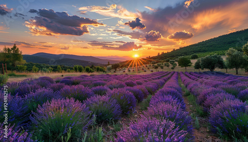 Lavender field at sunset, sunshine over the lavenders, relaxing landscape