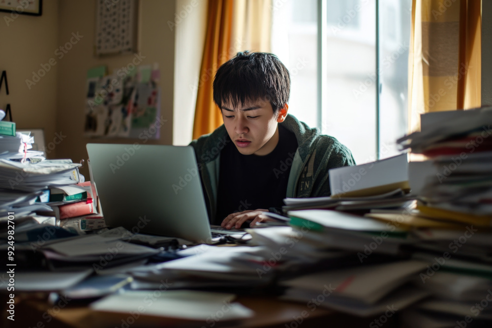 Stressed student is working at his laptop, surrounded by piles of paperwork Stressed student is working at his laptop, surrounded by piles of paperwork