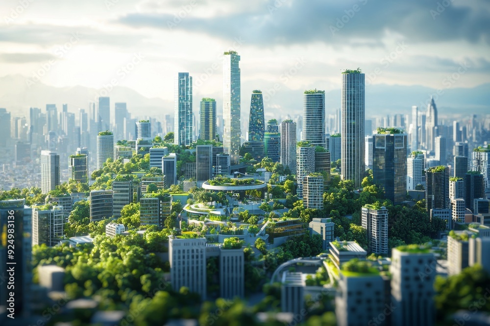 Fototapeta premium A futuristic smart city powered entirely by renewable energy sources, with green rooftops, electric vehicles, and AI-managed energy grids, representing a model of sustainable urban living